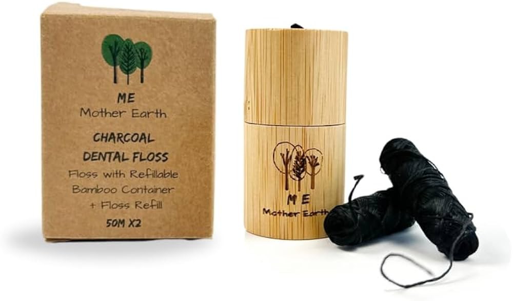 Charcoal dental floss with bamboo container and refill